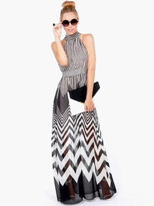 Robe longue multicolore imprimé géométrique multicouche col rond