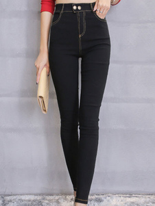 Caleçon femme noir casual en denim avec bouton