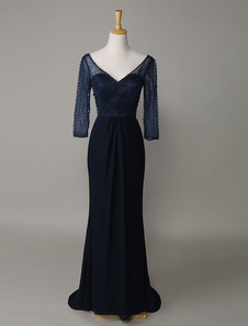 Robe de soirée fourreau en chiffon bleu marine foncé avec perles