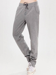 Leggings femmes casual en coton gris clairs avec bouton