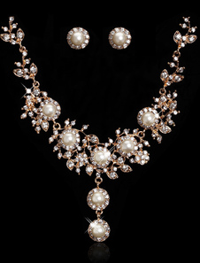 Perle de couleur or rose et strass oreille Stud collier définie