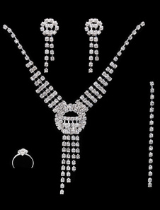 Fashion strass Fringe Design Collier boucle d'oreille Bracelet et bague Pave 4 en 1 Set