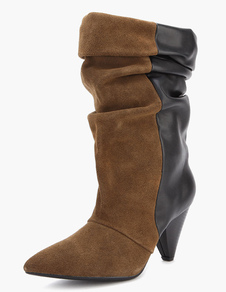 Bottes mi-moll bicolores élastique à bout pointu en cuir suédé