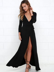 Robe longue noir multicouche col V manches casaque