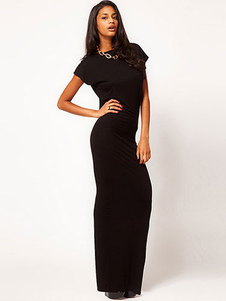 Robe longue noir en romanknit fendu creusé col rond