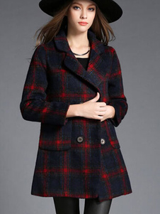 Manteau en laine mélangée rouge écossais poches revers cranté