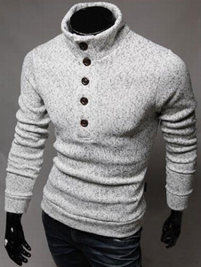 Pull homme en coton avec bouton moulant col montant