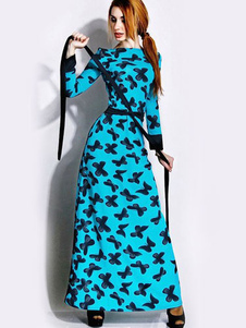 Robe longue en romanknit motif papillon avec noeud et ceinture col ras du cou