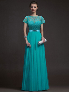 Robe longue bleu en dentelle à demi-transparence avec ceinture encolure dégagée