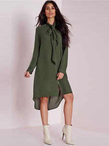 Robe droite casual en chiffon vert avec noeud plissé revers embelli