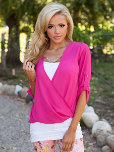 Blouse femme casual en chiffon fuchsia plissé croisé avant