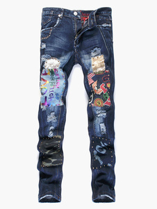 Jean droite en denim bleu foncé imprimé lettres coloré