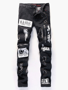 Jean droite en denim noir imprimé lettres coloré