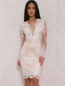 Robe bodycon col V unicolore avec dentelle