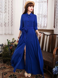 Robe longue bleu fendu avec bouton col large