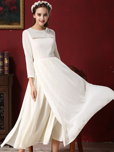 Robe longue blanc en chiffon fendu avec pailltes col marin