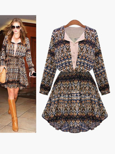 Attrayante robe skater style tribal en chiffon réglable à volants col ras du cou