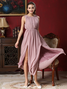 Robe longue en chiffon réglable fendu col ras du cou