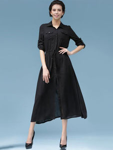 Robe longue noir en coton à ceinture coulissante s col large