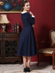 Robe longue bleu marine foncé à revers brodé col Per Pan
