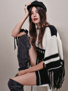 Pull féminin mode à tricoter avec frange manches amples