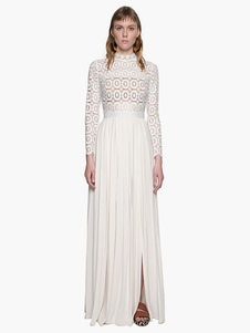 Robe longue blanc en dentelle plissé fendu col montant