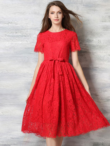 Manches courtes Sash robe de Skater robe rouge dentelle Vintage Style féminin