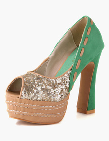 Chaussures exquises à bout ouvert à talons épais en cuir poncé pailltes