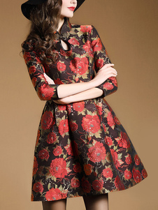 Robe Jacquard rouge brodé Robe col Stand