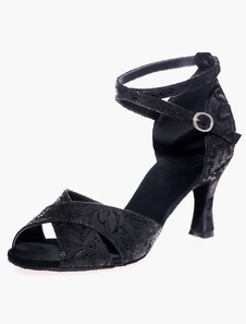 Chaussures de latine en velours à talons évasés ruban aux chevilles