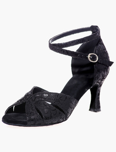 Chaussures danse latine en velours à talons évasés ruban aux chevilles