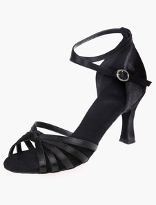 Chaussures de danse latine en satin à talons évasés ruban aux chevilles