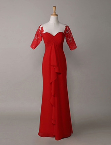 Robe de soirée rouge A-ligne en dentelle avec bouton encolure en coeur longueur plancher