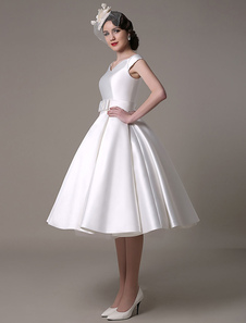 Robe de mariée Ivoire Bateau Sash du genou longueur robe de mariée en Satin