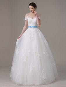 Robe de mariage Ivoire Off-The-Shoulder Sash Tulle dentelle robe de mariée