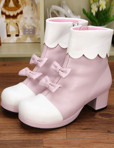 Bottes de lolita rose claires avec noeud à talons épais