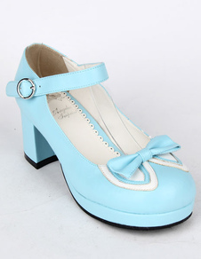 Chaussures lolita bleu clair avec noeud à talons prismes