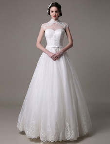 Mariage Ivoire Robe col haut découpe dos Sash dentelle robe de mariée