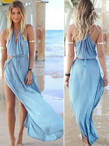 Robe longue en chiffon fendu creusé à bretelles