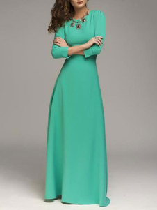 Robe longue vert avec ceinture col ras du cou