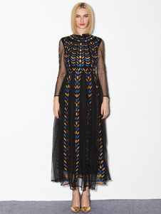 Robe noire imprimée plissée robe Maxi pour les femmes