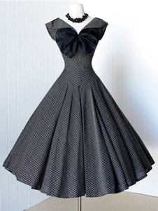 Robe vintage noire rétro avec rayure plissée revers embelli noeud papillion de fête