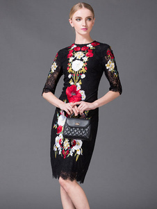 Brodé de dentelle noire robe pour femmes