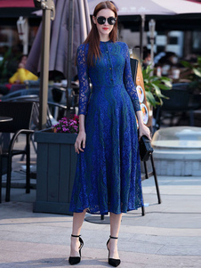 Dentelle bleue plissée robe pour femmes