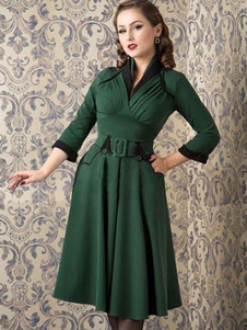 Robe vintage rétro verte avec bouton plissée col V