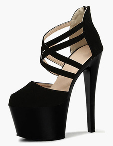 Escarpins noir à plateforme à talons aigus en micro daim cuir perforé croisé