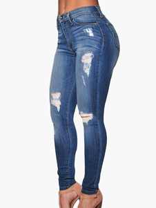 Jean Slim en denim bleu conception antique à taille haute creusé