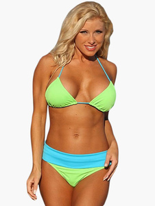 Maillot ensemblespandex vert bicolore à licou femme