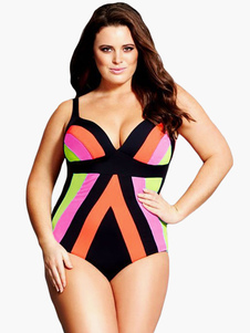 Séduisant maillot de bain 1 piècespandex multicolore color-block à dos décolleté femme