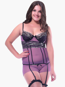 Chemise sexy de nuit violete unicolore avec dentelle froissé